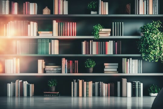 Bright Modern Home Office Background With Books and Plants Creating A Cozy Atmosphere For Online Presentations
