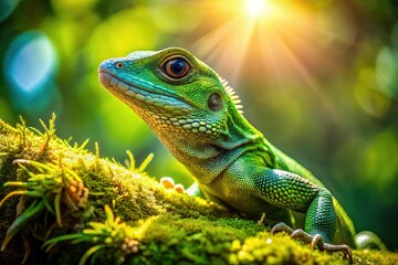 Fototapeta premium Green Lizard Sunbathing on Lush Branch - Stock Photo