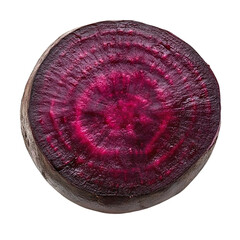 Extreme front view of a perfectly beautiful hyperrealistic single raw raw beetroot vegetable slice isolated on a white transparent background