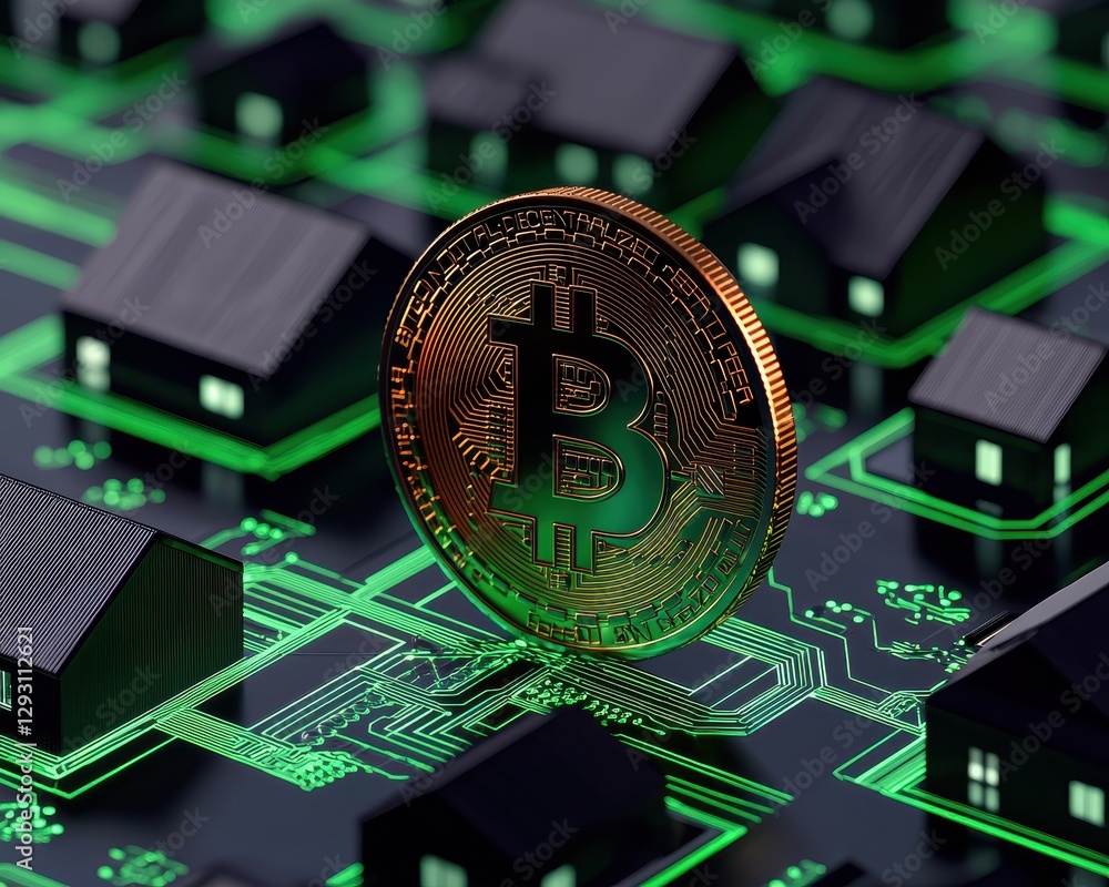 Aufkleber a digital representation of bitcoin on a circuit board with houses in the background.