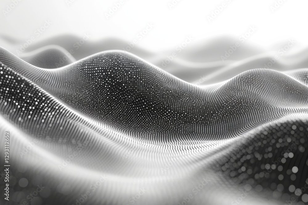 Poster soft, flowing patterns create an abstract landscape of dots in grayscale tones with subtle lighting 