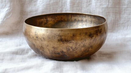 A clean photo of a Tibetan singing bowl placed on a light linen cloth. background