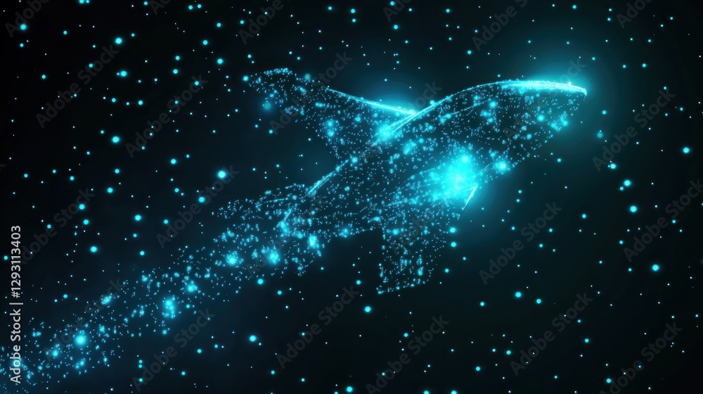 Poster abstract blue rocket launching into space with glowing particle trail