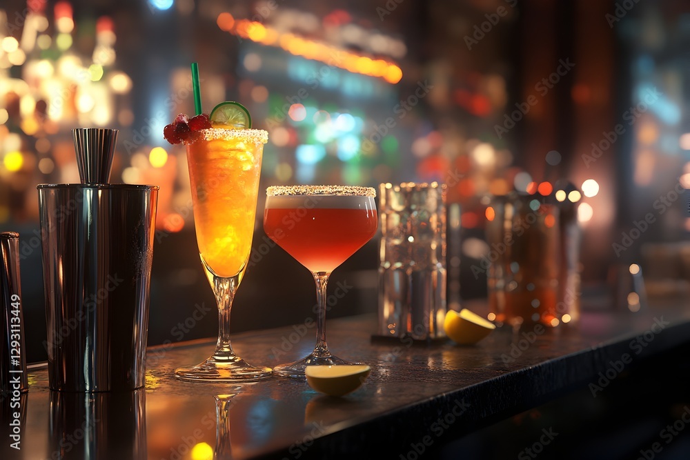 Aufkleber elegant cocktails on a bar counter with a shimmering bokeh background