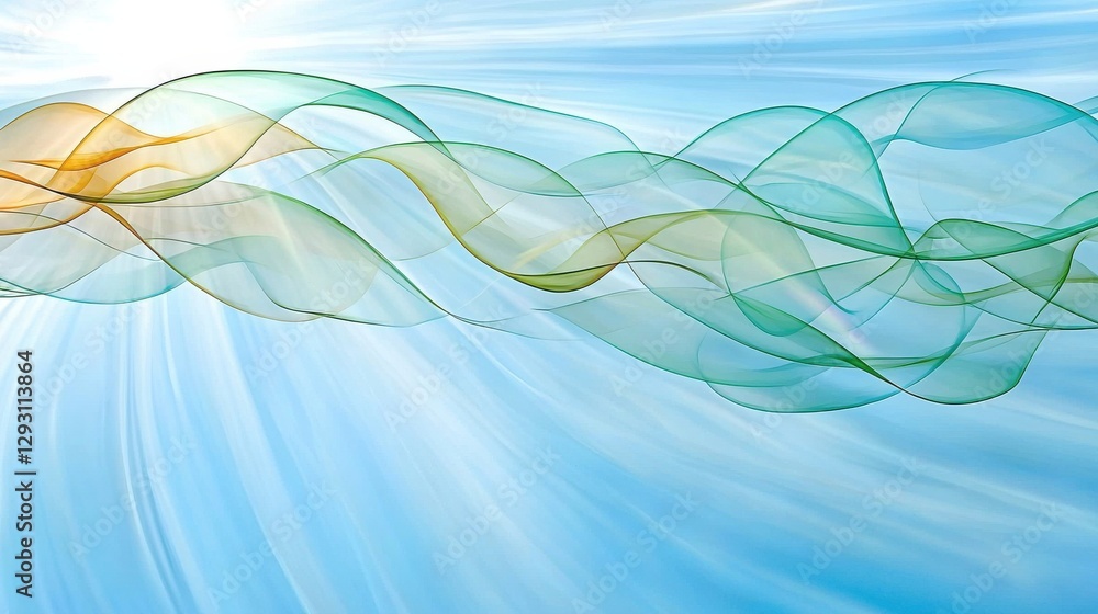 Poster a serene abstract design featuring flowing waves in soft hues of blue, green, and amber, creating a 