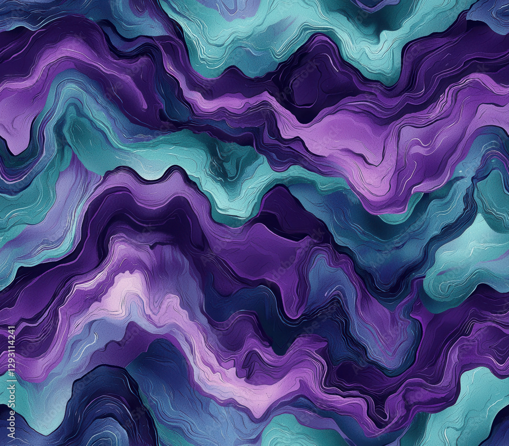 Poster vibrant purple and teal abstract waves create mesmerizing pattern, seamless pattern style.