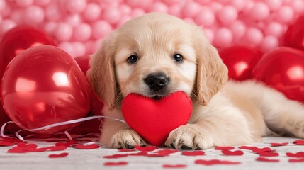 A cute puppy holding a red heart.