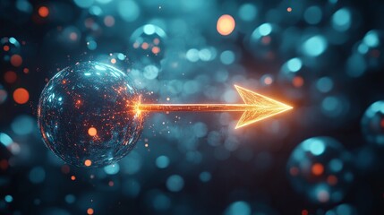 A modern concept of a glowing arrow piercing through floating spheres. picture
