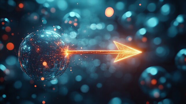 A modern concept of a glowing arrow piercing through floating spheres. picture