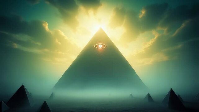 A mystical and surreal scene featuring a large, illuminated pyramid with a prominent eye, against a dramatic sky with swirling clouds and ethereal light, creating a sense of mystery and wonder