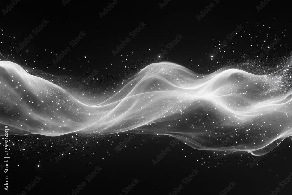 Poster swirling waves of light create an ethereal atmosphere filled with sparkling particles in the dark