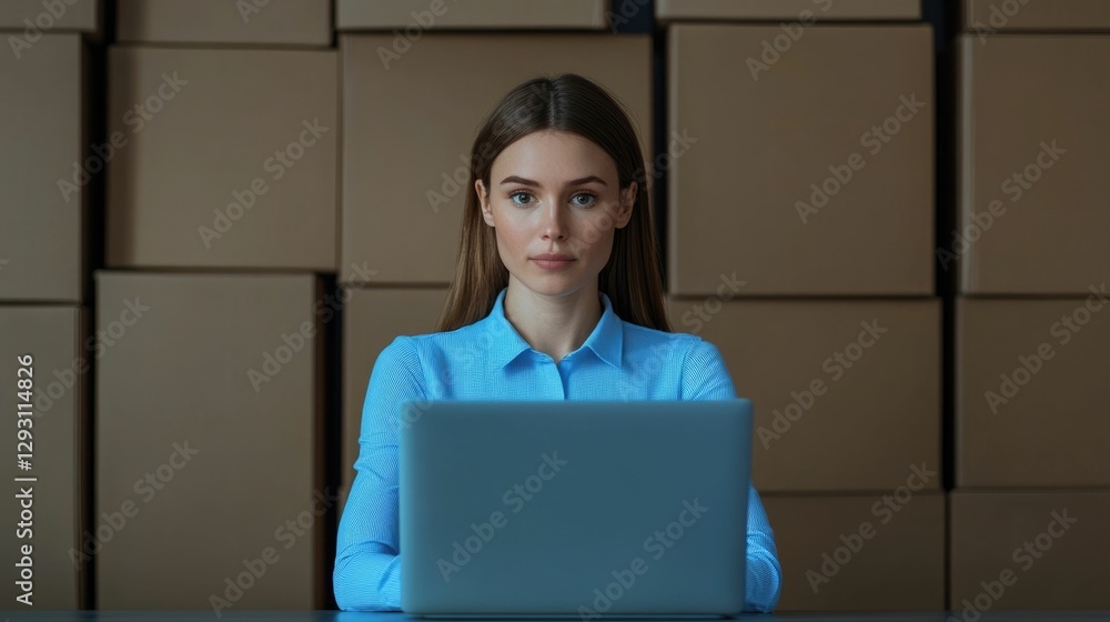 Poster hardworking professional woman using laptop computer at desk while overseeing shipping boxes in orga
