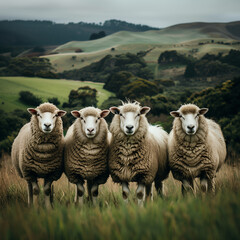 Fototapeta premium Group of fluffy sheep standing on a green meadow with rolling hills in the background