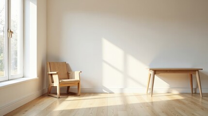 Light-filled room showcasing minimalist wooden chair and simple table, bathed in sunlight against a neutral wall