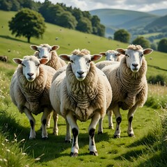 Fototapeta premium Group of fluffy sheep standing on a green meadow with rolling hills in the background