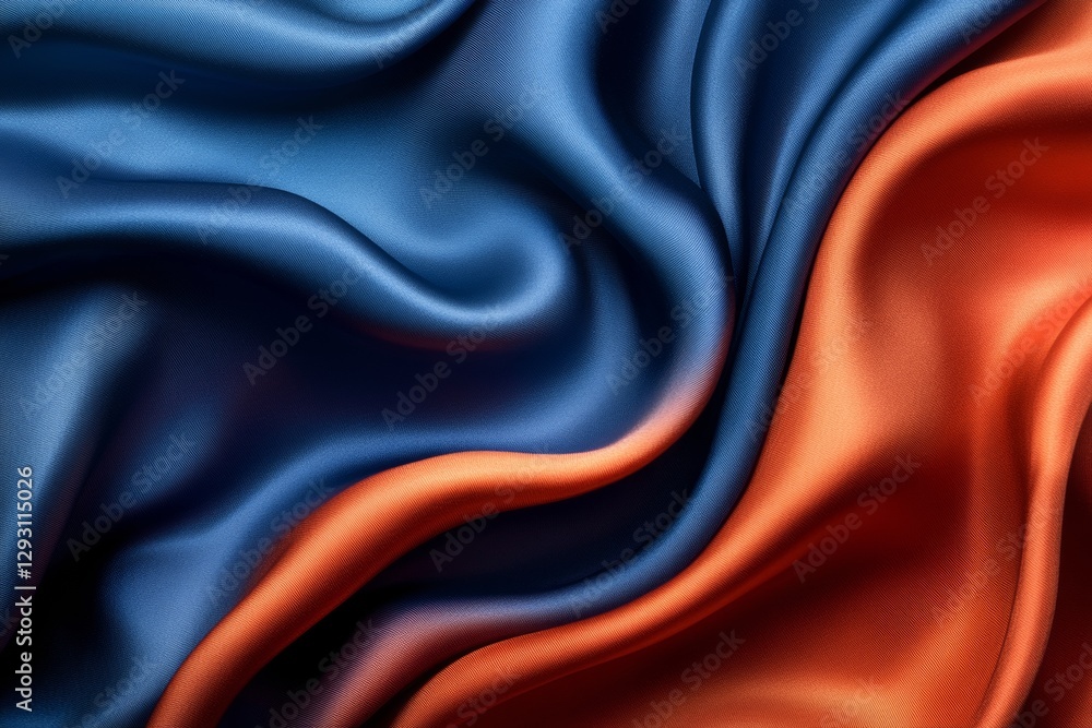 Poster flowing silk fabric in blue and orange hues creating elegant waves and texture in a visually strikin