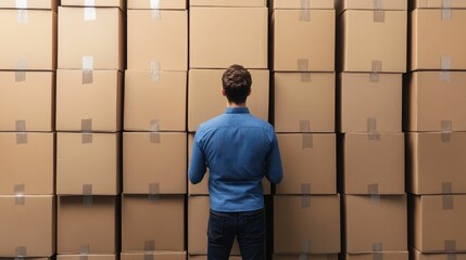 Man Arranging Stacked Boxes by Size to Create an Efficient Workspace Filled with Brown Parcels for Storage Logistics and Distribution