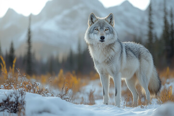 Obraz premium Lone Wolf's Vigil, Winter Watch over Frozen Mountain Majesty