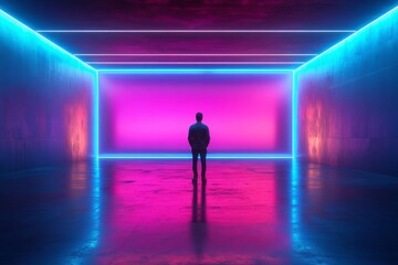 Fototapeta premium Person standing alone in a vibrant neon-lit room with colorful glowing lights and reflections on the floor
