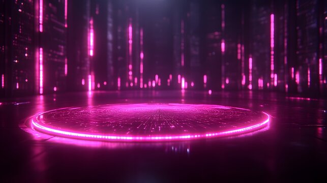 Neon Pink Circle Platform in Dark Futuristic Room - Powered by Adobe