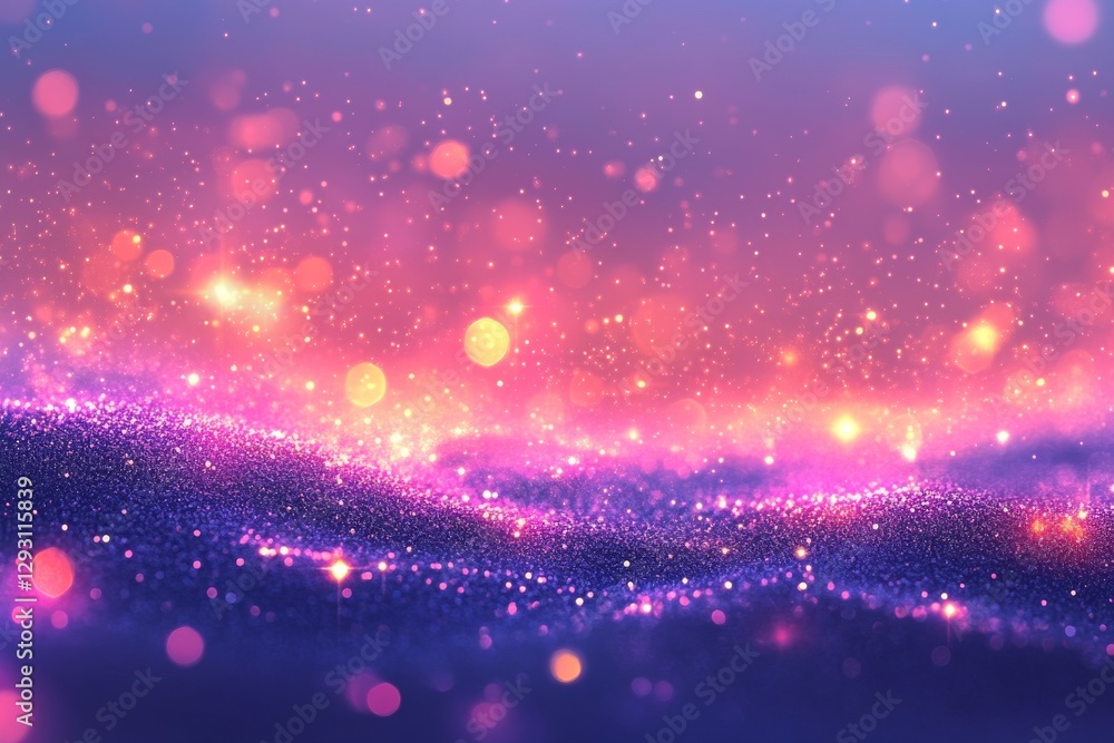 Poster vibrant abstract background filled with shimmering particles and soft glowing lights at dusk