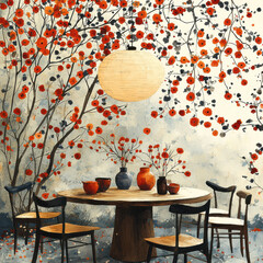 cozy dining room featuring round wooden table surrounded by chairs, adorned with vibrant red flowers on walls. warm ambiance is enhanced by large pendant light