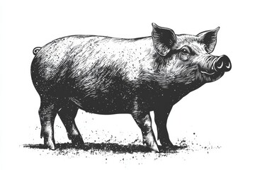 Detailed illustration of a standing pig showcasing its features in a rural setting