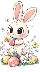Cute cartoon bunny holding colorful egg surrounded by flowers and Easter eggs, perfect for celebrating holiday. , png isolated transparent