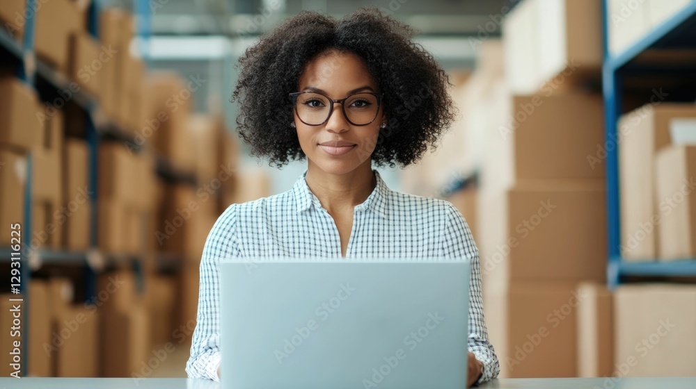 Poster efficient entrepreneur organizing shipping in warehouse environment with laptop and neatly arranged 