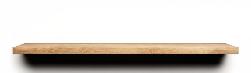 A minimalist wooden shelf with a smooth surface, positioned against a plain white background, creating a clean and simple aesthetic.
