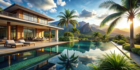 Fototapeta premium Luxury Tropical Villa with Private Pool & Stunning Mountain Views - Stock Photo