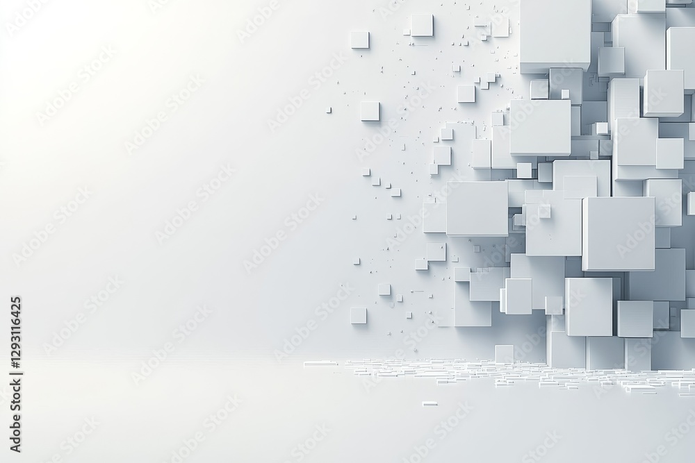 Poster abstract 3d white cubes creating dynamic structures on a smooth surface in a minimalist environment
