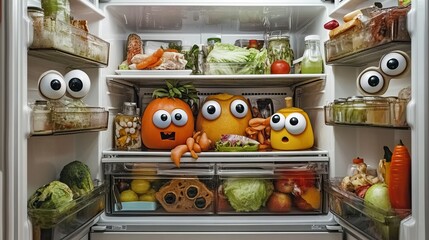 Refrigerator filled with googly eyes transforming food into animated characters in a fun and playful kitchen setting. Generative AI