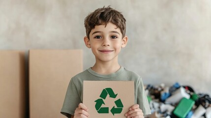 Smiling young boy holding a green recycling symbol cutout while standing in front of a collection of sorted recyclable waste materials such as plastic paper and cardboard