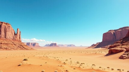 Naklejka premium Arid Landscape Under a Vast Azure Sky Featuring Red Rock Formations and Sparse Desert Vegetation