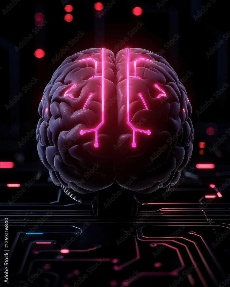 Poster a futuristic brain design with neon patterns on a digital circuit background.