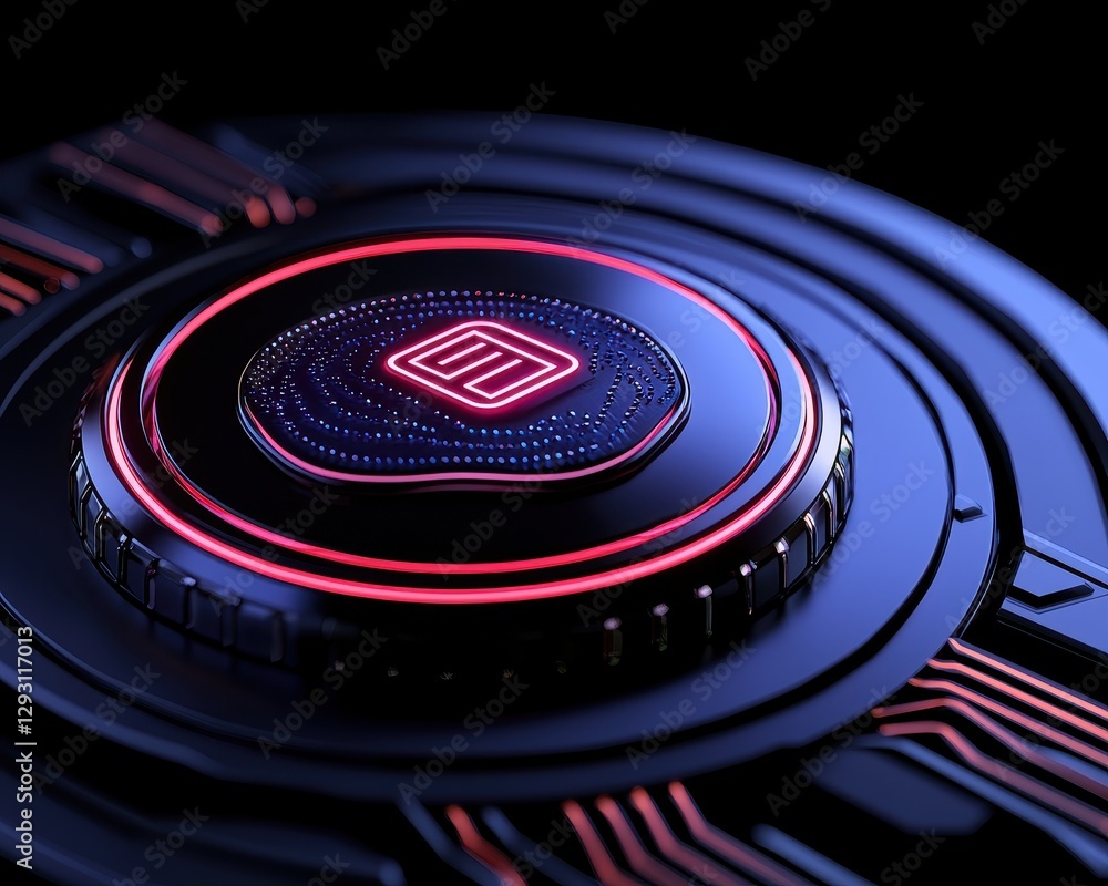 Poster a futuristic close-up of a glowing circuit board design with digital elements.