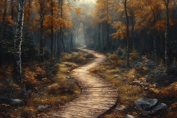 Obraz premium Golden path, Serene wooden trail winding through mystical autumnal forest