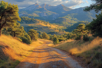 Sun-Kissed Trail Ascending to Majestic Mountains Panorama Landscape