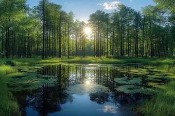 Obraz premium Sun-Kissed Pond Reflecting Emerald Forest and Tranquil Sky