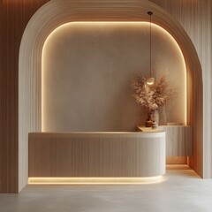 A minimalist image showing reception and a beautifully lit wooden surface