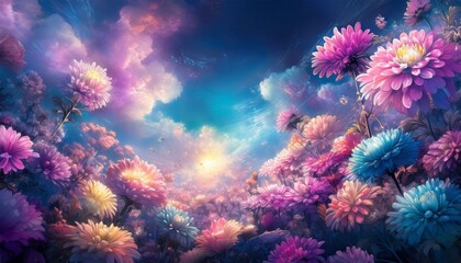 Fototapeta premium Chrysanthemum Flowers Field against the sky in painting style image, part 2