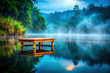 Obraz premium Misty Tropical Lagoon Wooden Podium - Serene Water Platform Stock Photo