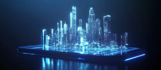 Fototapeta premium Abstract Cityscape on Mobile Device Glowing with Futuristic Design