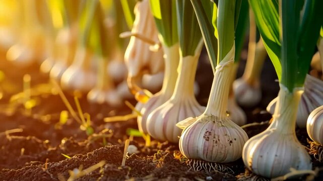 Garlic plants row growing in the dirt on agricultural field background. Garlic plantation. Vegetable garden. Fresh garlic bulbs, green leaves grow in soil. Sunset light. Organic vegetables farming