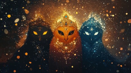 Fototapeta premium A mystical, semi-realistic digital painting of Lord Jagannath, Balabhadra, and Subhadra seated in their chariots, their divine auras radiating against a golden sky.
