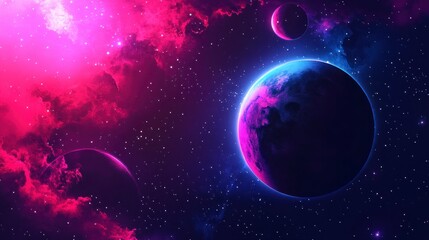 Fototapeta premium Vibrant cosmic background with planets and stars featuring a color scheme of purple, pink, and blue, with a dark sky-blue and black background, glowing lights