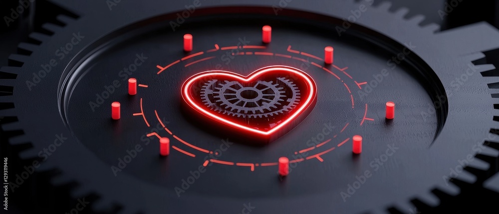 Poster a futuristic heart design with gears and glowing elements on a dark surface.