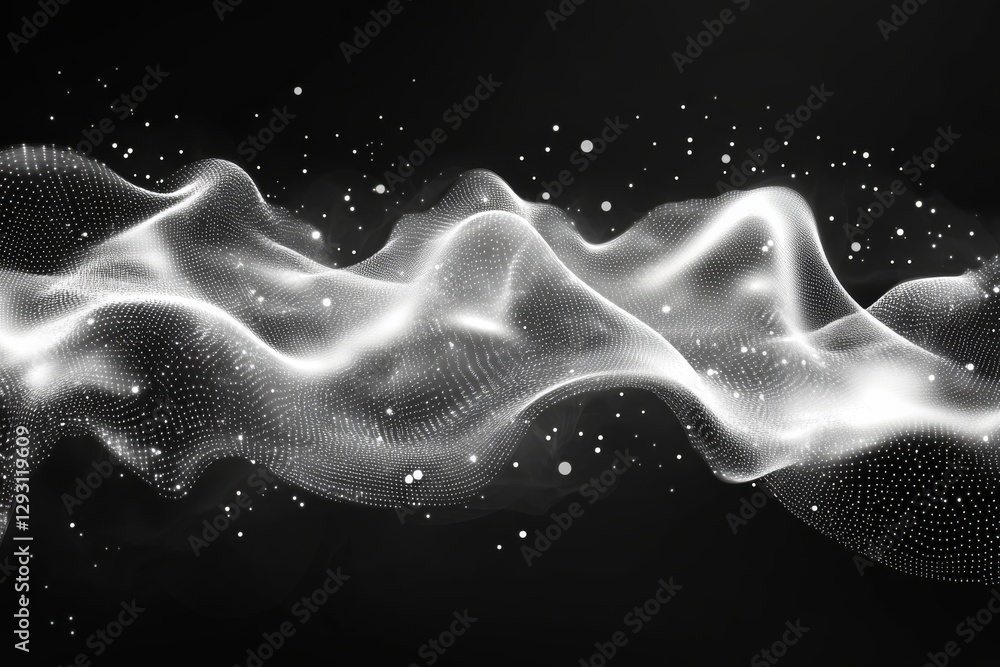 Poster abstract representation of flowing waves in shades of black and white with luminous dots in a digita