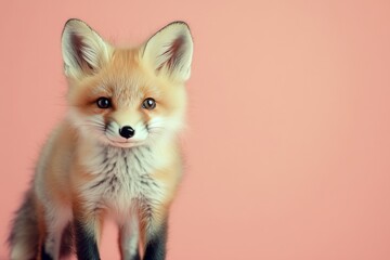 Obraz premium Cute baby fox standing against a soft pink background during daylight in a playful pose